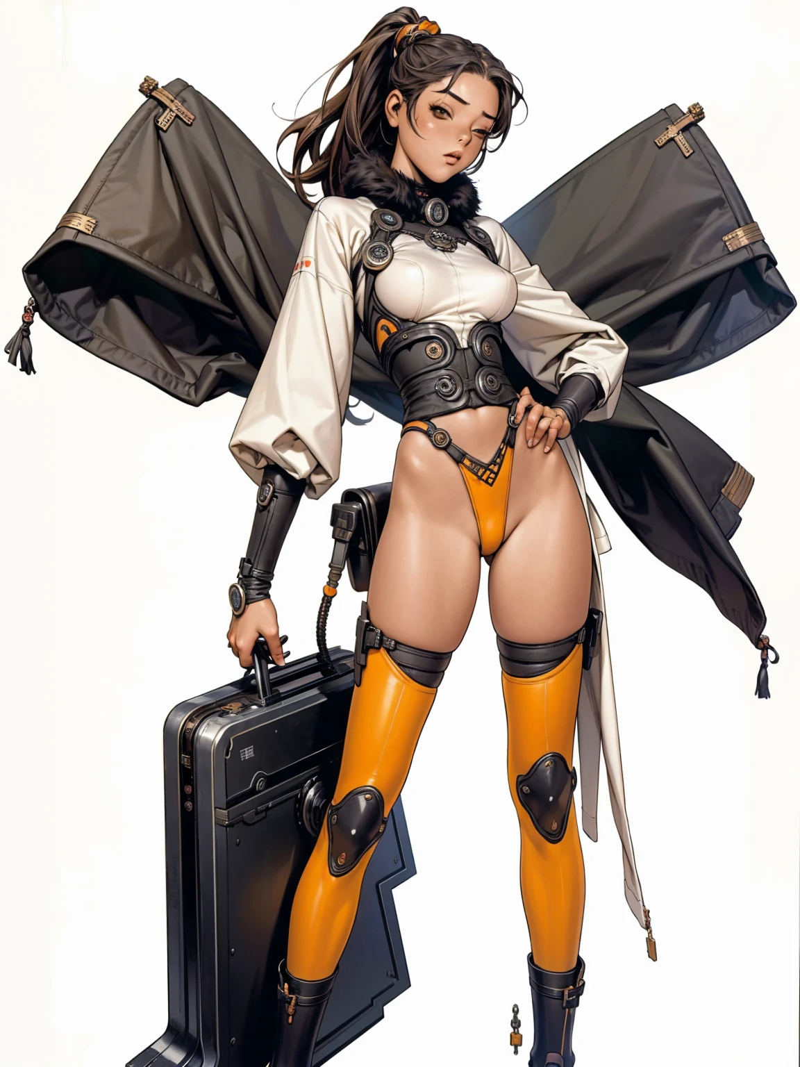 (((Ebony))), (((back view))), (((perfect ass))), (((best qualityer: 1.4))), (((Afro))), (((DuneWalker))), (((post-apocalypse))), (Unbeatable masterpiece), (hiper HD),(CG 8k hyper-realistic), (((breasts big))), (((hyper feminine))), sensuous girl, (bob hair with straight bangs), ((( sculptural body ))), (((1 girl))), 20 year anime girl with perfect body, Beautiful and well-groomed face, slanted eyes, muscular body:1.2, costume with textured details in pixel art, (Head to thigh photos),modern samurai pants, Complex equipment, rot, cerulean, yellow, orange, Violette, long pants,Tight, dark clothes,With white stars and white stripes, Metal parts in armor, afro girl, (((standing alone))), pirralha violent, ((())), sensuous, pose de atitude, work of art, post-apocalypse, (((manga style))), Bounty Hunter, violent, Manic, the way you want, slenderbody, thin but strong, perfectbody, roupa moderna, Advanced technology, short shorts with checkered pattern in red and black, fur collar jacket, sleeves with vertical striped pattern, neutral background