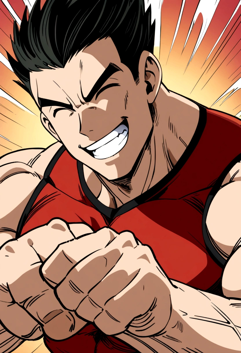 a happy muscular boy with short black hair in a red shirt being pricked by a needle anime style