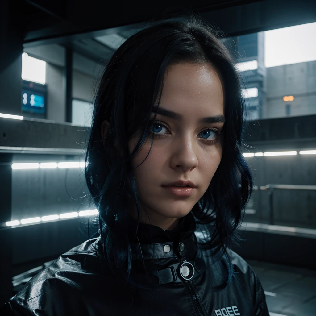 A young woman in the foreground.deep blue hair, falling in soft waves. Face partially visible, showing only one eye. big blue eye, reflecting determination. enigmatic expression. Futuristic and gloomy cityscape. Tall buildings of modern architecture, hard lines. Artificial sky illuminated with bluish and gray tones. City wrapped in a transparent barrier.
