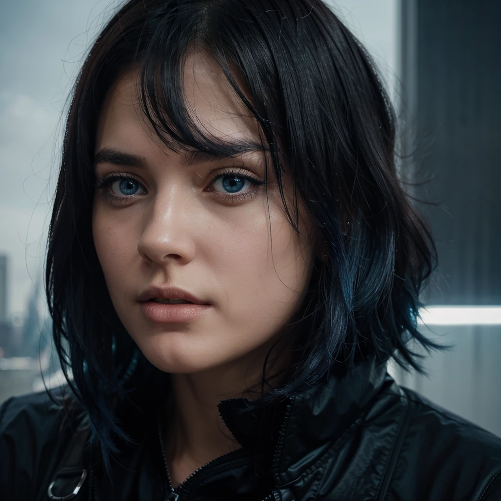 A young woman in the foreground.deep blue hair, falling in soft waves. Face partially visible, showing only one eye. big blue eye, reflecting determination. enigmatic expression. Futuristic and gloomy cityscape. Tall buildings of modern architecture, hard lines. Artificial sky illuminated with bluish and gray tones. City wrapped in a transparent barrier.