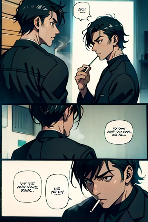  Guy with short black hair smoking, manga page with panels and dialogue  