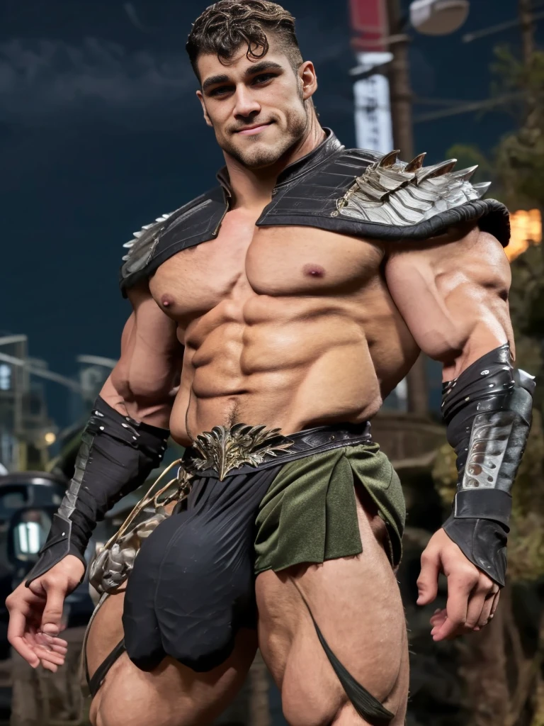 Photorealistic, Hero Super Bulge, ((best quality)), ((masterpiece)), (detailed),masculine portrait of a hero with the power of bulge, (Hero outfit), smile, 18-year-old male models, handsome, tall, manly looking, beard:1.5, powerful, young male, handsome model, light green eyes, short hair, buzz cut, (short curly messy hair:1.2), messy curly hair, muscular, fit, six pack, torn hero outfit, hairy barechested, half naked, bulge, ripped, night, (Dark city background:1.6) 8k, high detailed, ultra-detailed, Stylish Pose, real skin texture, dark cinematic lighting