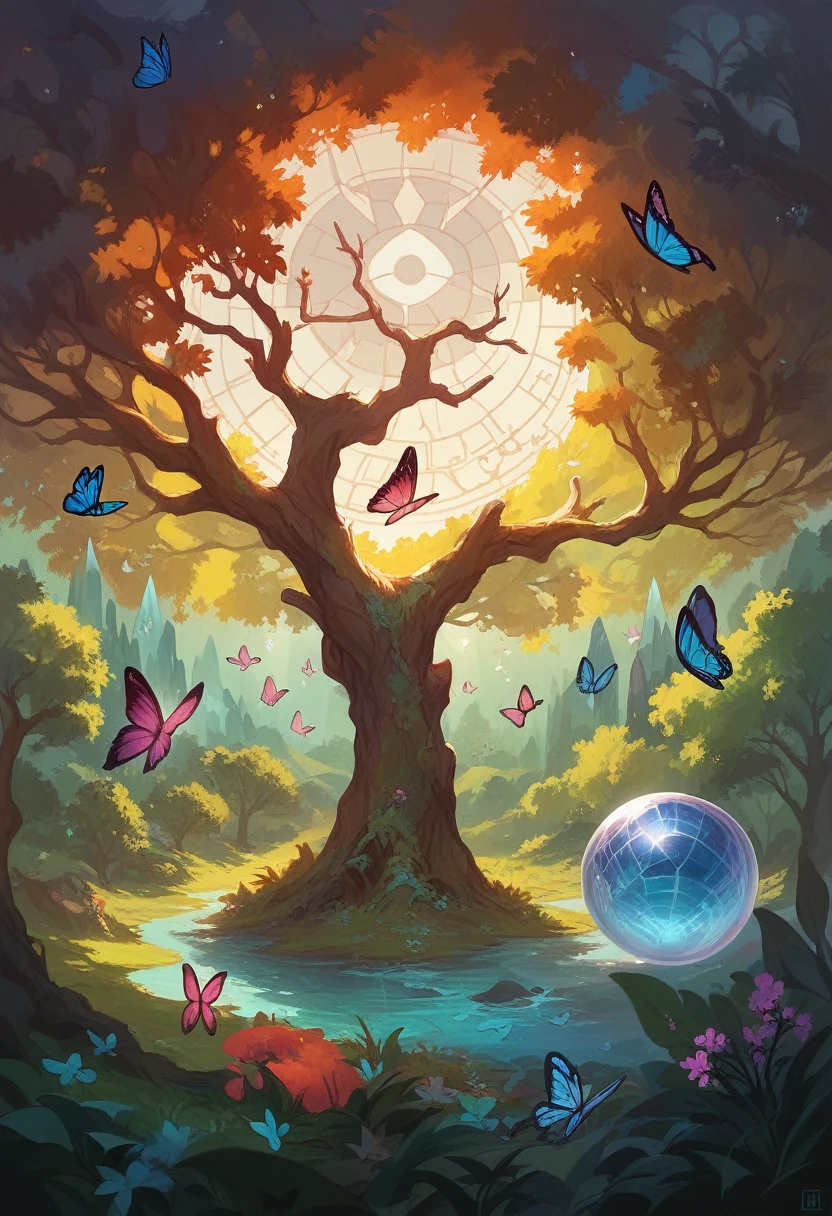 (Masterpiece),(Best Quality:1.0), (ultra high resolution,), detailed, a crystal ball with a tree inside, digital art, cg society contest winner, butterflies and sun rays, concept art design illustration, beautiful digital illustration, closed ecosystem