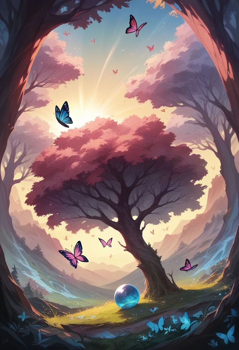 (Masterpiece),(Best Quality:1.0), (ultra high resolution,), detailed, a crystal ball with a tree inside, digital art, cg society contest winner, butterflies and sun rays, concept art design illustration, beautiful digital illustration, closed ecosystem
