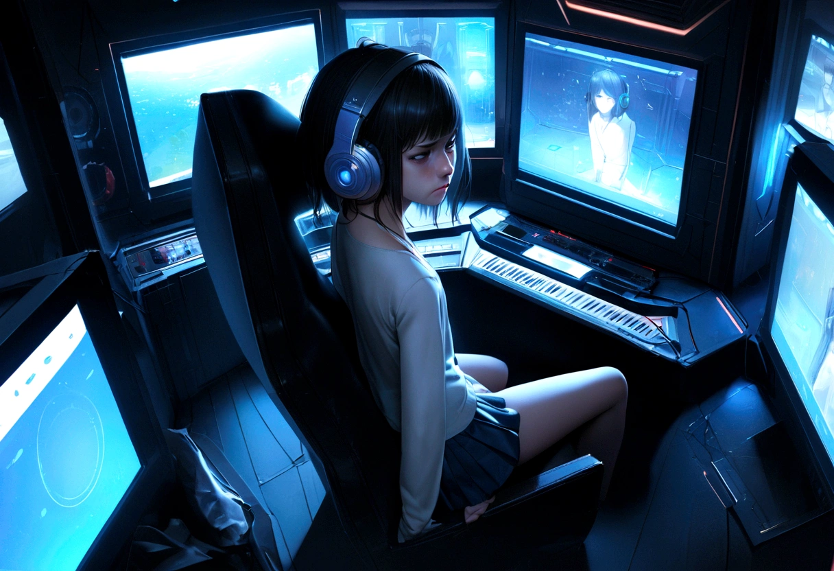 Ultra-realistic, girl, Short black hair, Headphones, Sitting, I sat down in an armchair., In a futuristic cabin, Surrounded by monitors, and optical screen , View from above, Blue light, Flat Chest, Prepuberty. She feels disgust, mini skirt, There is a guitar