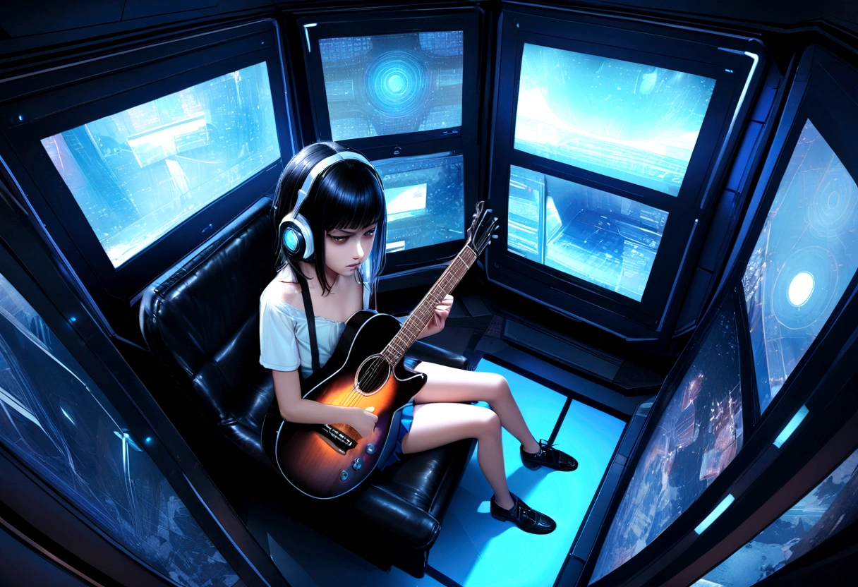Ultra-realistic, girl, Short black hair, Headphones, Sitting, I sat down in an armchair., In a futuristic cabin, Surrounded by monitors, and optical screen , View from above, Blue light, Flat Chest, Prepuberty. She feels disgust, mini skirt, There is a guitar