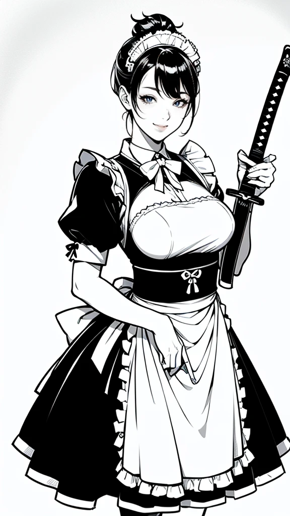 (masterpiece:1.2, Highest quality),(Line art),(Monochrome),(Very detailed),8K,wallpaper,1 female,Cute face,smile,((Maid in a maid café)),((betterhand)),Random hairstyle,Random pose,Beautiful female hands,((lineart, monochrome)),BREAK(((maid cafe))),(((with samurai sword))),((a girl in gothic costume standing))