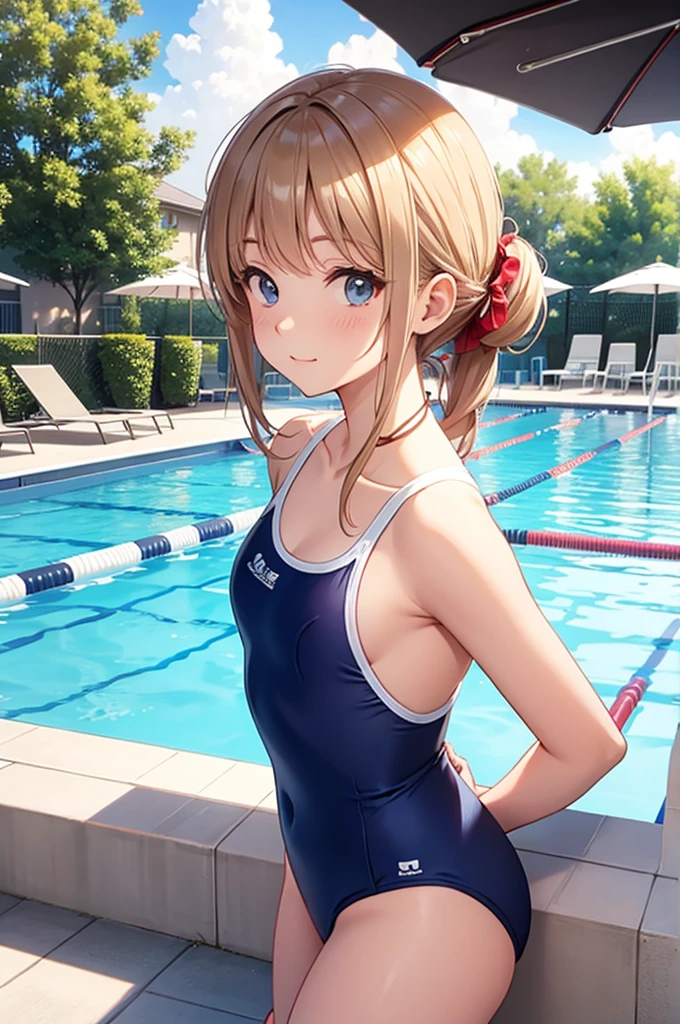 school swimsuit, pool side