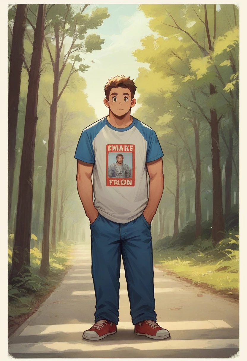 araffe standing in front of a large red sign with a man standing next to it, in tshirt, in front of a forest background, full body picture, candid picture, vinayak, full body photgraph, standing!!, full body photograph, tshirt, photo taken in 2 0 2 0, full body photogenic shot, distant full body view, standing in road