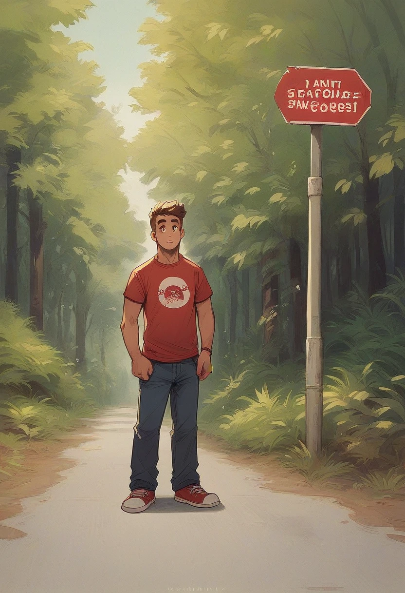 araffe standing in front of a large red sign with a man standing next to it, in tshirt, in front of a forest background, full body picture, candid picture, vinayak, full body photgraph, standing!!, full body photograph, tshirt, photo taken in 2 0 2 0, full body photogenic shot, distant full body view, standing in road