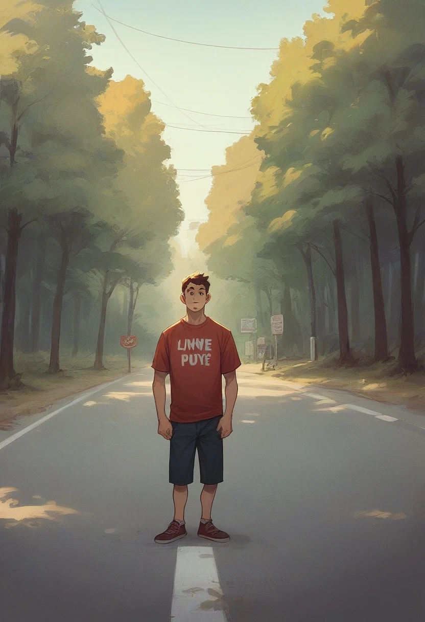 araffe standing in front of a large red sign with a man standing next to it, in tshirt, in front of a forest background, full body picture, candid picture, vinayak, full body photgraph, standing!!, full body photograph, tshirt, photo taken in 2 0 2 0, full body photogenic shot, distant full body view, standing in road