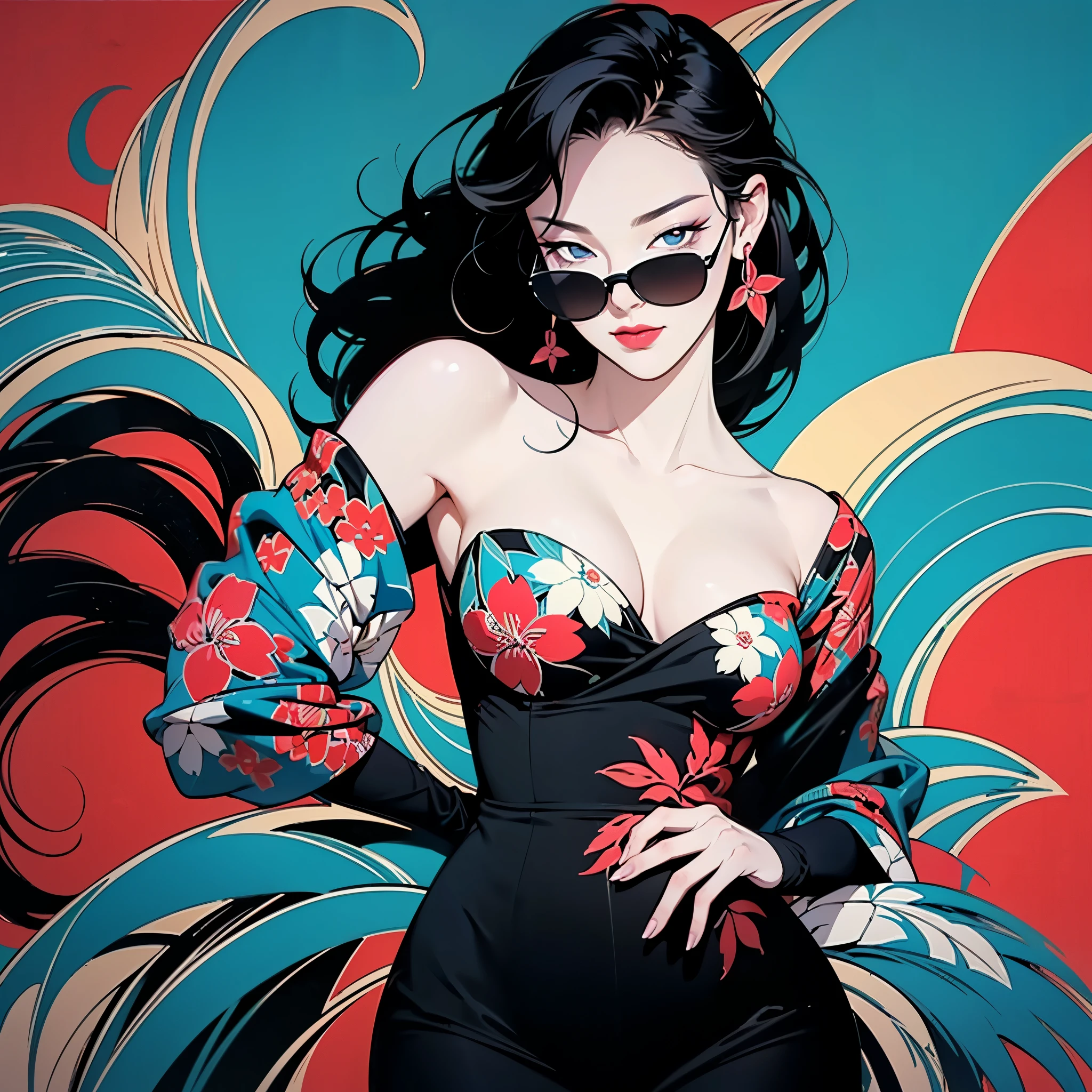 woman in a dress standing in front of simple background, up close, ((Art style by Patrick Nagel)), ((8k, wallpaper, detailed)), dark sunglasses, korean pop-star, black hair, pretty hands, fringe, simple red background, palm trees, (graffiti wall:1.2), strong, courageous, art by Patrick Nagel, album art cover