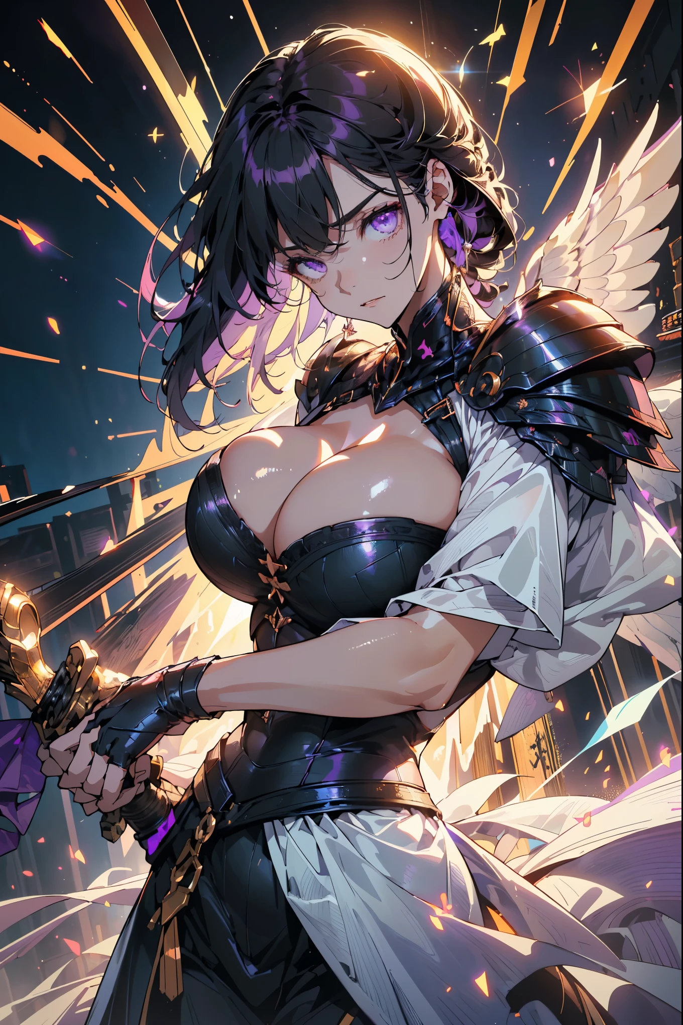 (hail knight, Solitary, 1 girl in black armor, Beautiful purple eyes, Long black hair,  Purple Wings, 手里拿着huge紫色能量剑, Holding a sword:1.3), (Simple glowing background:1.25)masterpiece, best quality, Wide Angle, Ultra Detailed, masterpiece, best quality, 8K, Natural Lighting, Soft lighting, Sunlight, Human Development Report (High Dynamic Range), Maximum clarity and sharpness, Multi-layered textures，huge , Crazy breast swelling, Chest larger than shoulder blades, Big breasts and thin waist，(huge breasts:1.2)，Hydrated skin（（rogue））（（非常huge乳房）），（（Grooves reveal original skin）)