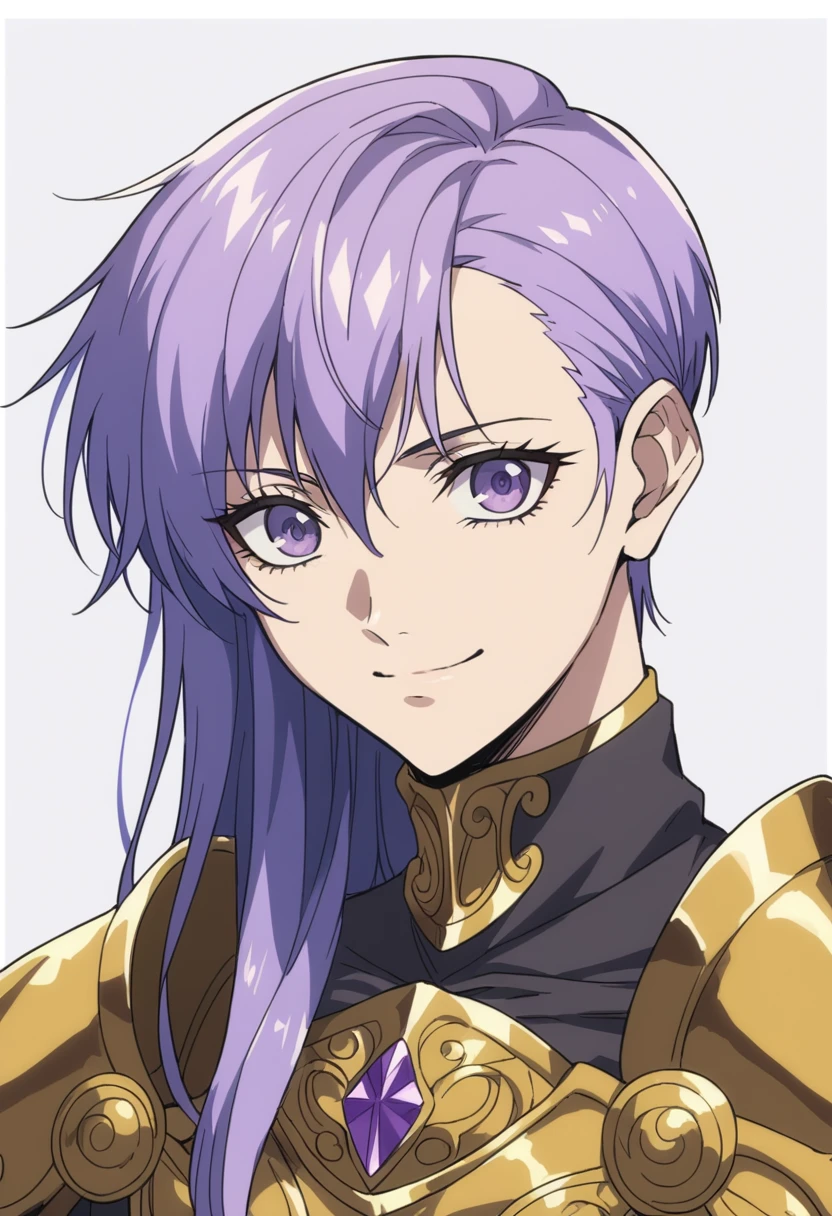 beautyfull woman, phoenyx armor from Saint Seiya, sidecut hair, sidecut lilac hair, golden armor, gothic, purple eyes, smile