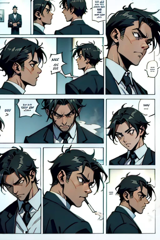 Guy with short black hair smoking and punching someone in the face, manga page with panels and dialogue