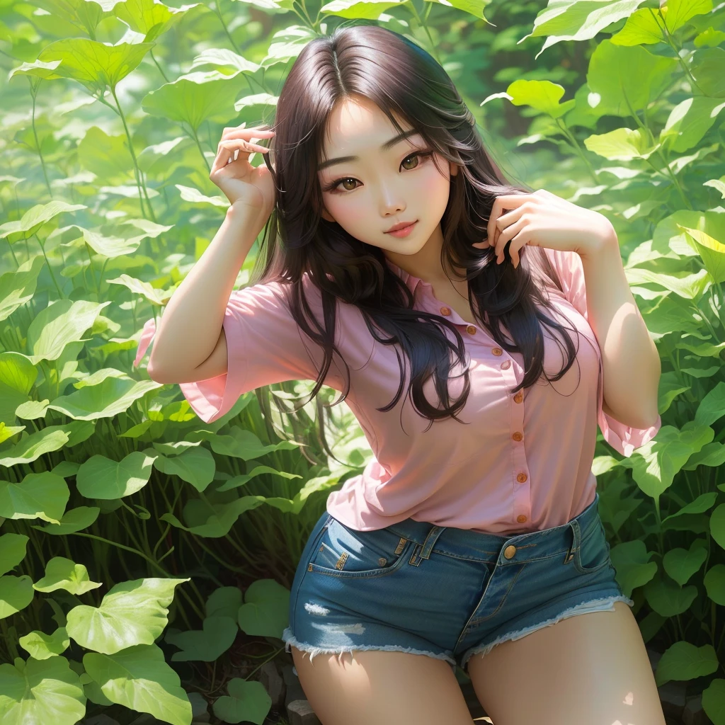 Arafed Asian woman in a pink shirt and denim shorts poses for a photo, beautiful Asian, korean girl, beautiful young Korean woman, realisti. cheng yi, Beautiful young Korean girl, beautiful girl model, beautiful model girl, beautiful south korean woman, Asian, young Asian, attractive anime girl, Asian with long hair, ultrarealisti sweet bunny girl