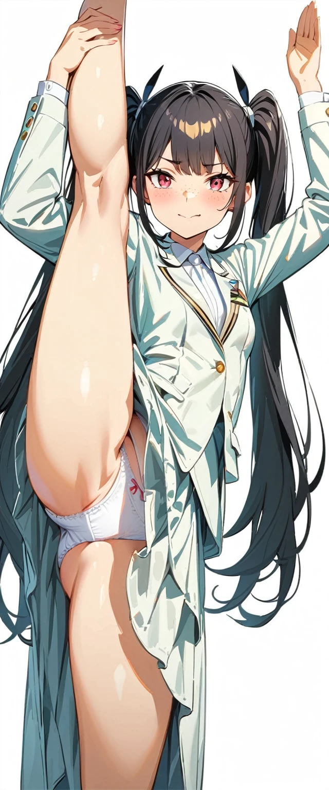  masterpiece, fullbody，, best quality, ridiculous, high resolution, 4k, ray tracing, intricate details, very detailed,  (1girl: perfect face,  small breasts , black hair, , twin tails, freckles,) ，standing split,full body,standing on one leg，white background,suit clothe,white panties with label