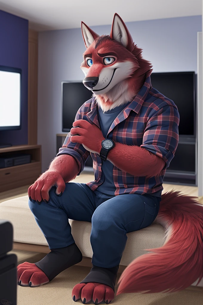 Ivan Fedorovich Wolfbach (Novosibirsk) ,tall handsome, wolf,young, 24 years, brown fur,Kind,(red body:1.3),beautiful blue eyes,Novosibirsk,dressed, plaid shirt, jeans,socks,canine, wolf, detailed fur, male, second, paw pads, finger claws,At the viewer, 5 fingers, paws, 5 fingers, smile, wrist watch, т nextel,by xenoforge, (difficult, high detail, digital photography, soft focus, RAW variety дома, apartment,TV,wall,TV,Very close to the camera, variety,Novosibirsk, smile, good mood, positive, Very close to the camera, plaid shirt,
Photorealism, realistic, photorealistic, digital style, Subsurface scattering,I look at the viewer,is sitting, looks at the mirror, men's cosmetics, perfume perfumery, plaid shirt,
masterpiece, Best quality, ultra realistic, 8 thousand.)