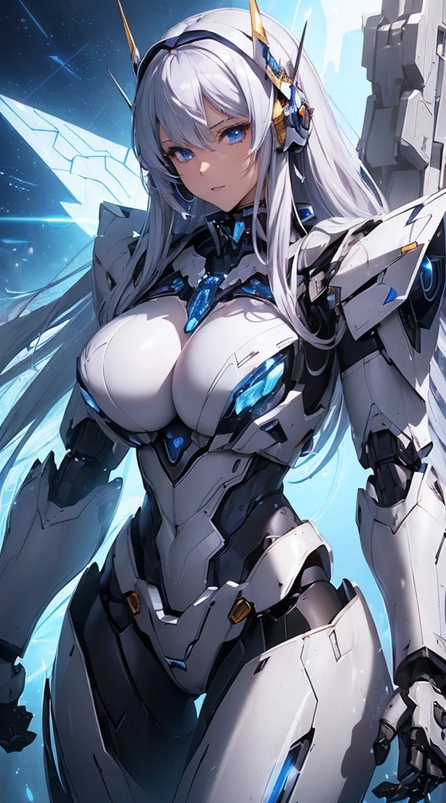 ((Extreme close up:1.6))、(((Lenses shining on both breasts:1.3)))、((Blue pillars of light radiate from both of his chests..:1.3))、break、(((Dynamic pose:1.8)))、smile、((8K)), ((32k)), ((Highest quality)), ((masterpiece)), ((超A high resolution)), ((Tmasterpiece)), ((Halation:1.4))、((Mechaニカルheadgear:1.2))、((Cyber headphones:1.3))Fine skin, High quality fabric, High-quality metal texture、((Beautiful and dense face))、RAW Photos、Professional, Ultra-fine painting, ((alone)), Beautiful breasts、Highest quality, Very detailed, Very detailed詳細, Finer details, so beautiful, ((Princess Knight Robot:1.2)),  (Joint of the machine, Mechanical Limbs:1.3), (The internal structure of the machine is :1.3), (Long silver hair:1.1), (Beautiful and huge mechanical breasts)、White Veil, cowboy_shot, Side Focus, headgear, Shiny、(Five Fingers, Four fingers and thumb),Concept Art, Anime fantasy artwork, Detailed fantasy art, (with pale blue-violet hair and large white wings,,,,,,,,), (((Long silver hair))), (Mecha:1.6)、Sleek and intimidating design, ((Commander-in-Chief'arm)), (Perfect robot body)、純白と青紫のarmまたは, Symmetrical wings, 8K High Resolution, Detailed Art, 3D rendering of character art in 8K, neat legs, Defined, Defined fingers,((headshot:1.3))