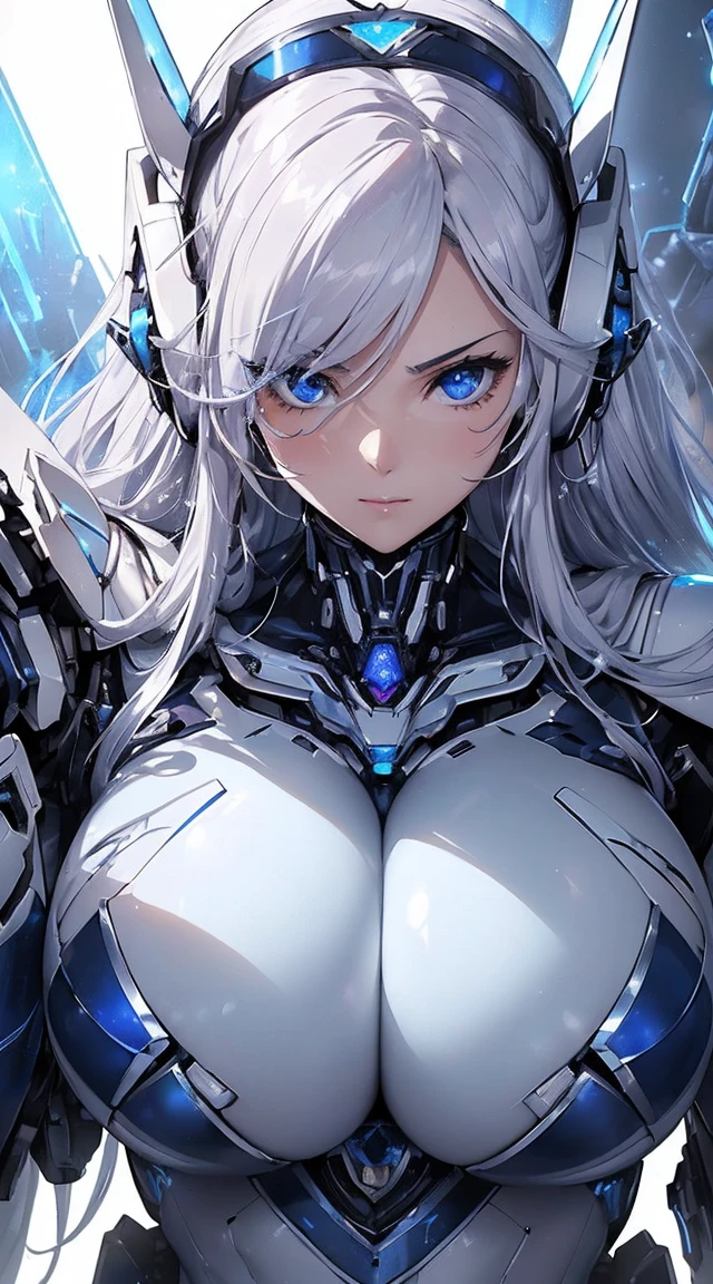 ((Extreme close up:1.6))、(((Lenses shining on both breasts:1.3)))、((Blue pillars of light radiate from both of his chests..:1.3))、break、(((Dynamic pose:1.8)))、smile、((8K)), ((32k)), ((Highest quality)), ((masterpiece)), ((超A high resolution)), ((Tmasterpiece)), ((Halation:1.4))、((Mechaニカルheadgear:1.2))、((Cyber headphones:1.3))Fine skin, High quality fabric, High-quality metal texture、((Beautiful and dense face))、RAW Photos、Professional, Ultra-fine painting, ((alone)), Beautiful breasts、Highest quality, Very detailed, Very detailed詳細, Finer details, so beautiful, ((Princess Knight Robot:1.2)),  (Joint of the machine, Mechanical Limbs:1.3), (The internal structure of the machine is exposed:1.3), (Long silver hair:1.1), (Beautiful and huge mechanical breasts)、White Veil, cowboy_shot, Side Focus, headgear, Shiny、(Five Fingers, Four fingers and thumb),Concept Art, Anime fantasy artwork, Detailed fantasy art, (with pale blue-violet hair and large white wings,,,,,,,,), (((Long silver hair))), (Mecha:1.6)、Sleek and intimidating design, ((Commander-in-Chief&#39;arm)), (Perfect robot body)、純白と青紫のarmまたは, Symmetrical wings, 8K High Resolution, Detailed Art, 3D rendering of character art in 8K, neat legs, Defined, Defined fingers,((headshot:1.3))