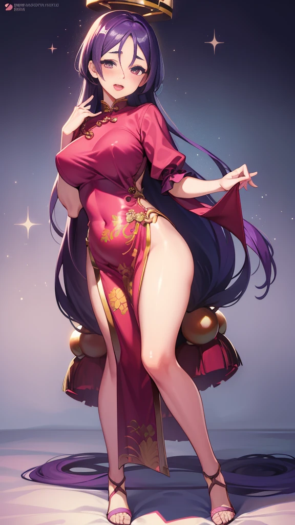 Wide Hips, Shiny body, Shiny skin, expensive,Open your mouth ,blush,View Viewer ,smile,blush,,Open your mouth ,Bright glossy screen,blush ,throw, purple hair,,open mouth, eyelashes, eyeshadow, lips, blush, 8k, hdr, raytracing,chinese dress,full body,rich room