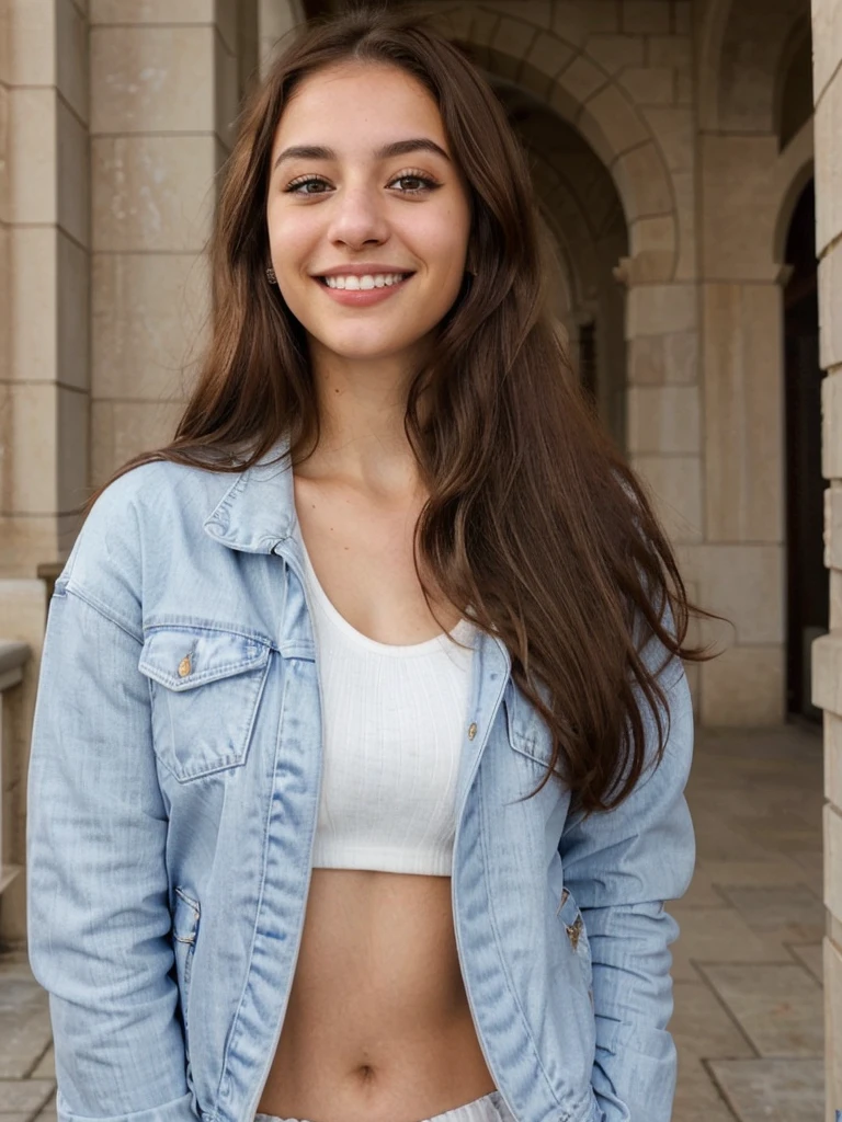 one cute women, 20YO, white, Arab, cute face, realistic brown eyes, blue jacket, brown hair, cute smile, skinny face, white realistic teethes, big eyes, long hair