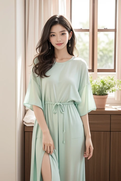 highest quality、4K、Perfect Face、Perfect Style、perfect body、Sunburn、beautiful lady、mature、long curly layer hair、Swept-back hair、full body, sexy 、charming、healthy、smile、
Pastel color, soft shadows, flat composition, focus on the center circle, color palette of warm pink, sage green, light gray, cream, design paper art, abstract, visual softness, cleanliness, simplicity yet sophisticated, balanced and harmonious colors, suitable for modern interior design, exuding a gentle and inviting atmosphere, complementing neutral interior colors, adding a subtle touch of elegance and tranquility to the room, perfect as a decorative element for living rooms, bedrooms, or kitchen