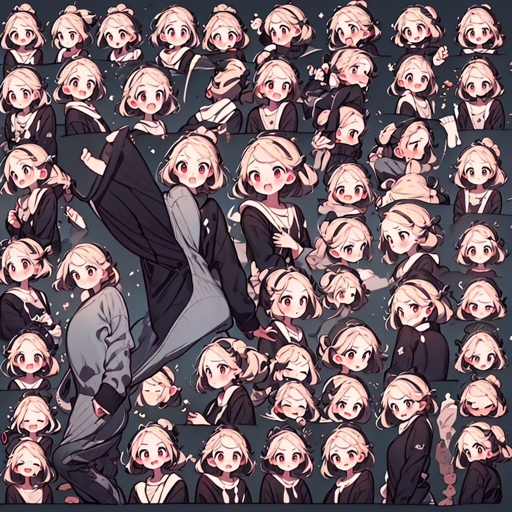 Cute girl avatar，emoji pack，Little devil, (red hair)，(9 emojis，emoji sheet，Align arrangement)，9 poses and expressions（Grieving，astonishment，having fun，excitement，big laughter，angry，doubt，Touch your head，Sell moe, wait），Anthropomorphic style，Disney style，Different emotions，9 poses and expressions，8K