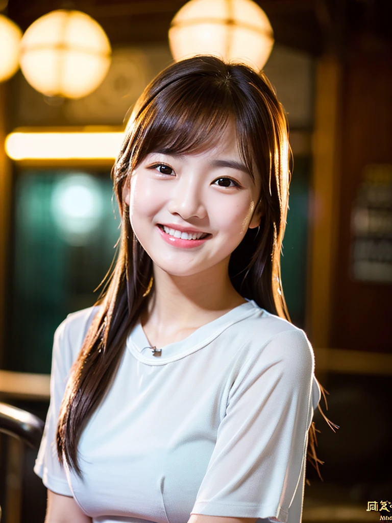 A very cute face like a 15-year-old idol Smiling Kindly In a blouse (whole body) Medium Bust Night Bar Cinema lighting Natural light Artistic RAW Photos Genuine High quality that is indistinguishable from real life Real Stick High resolution