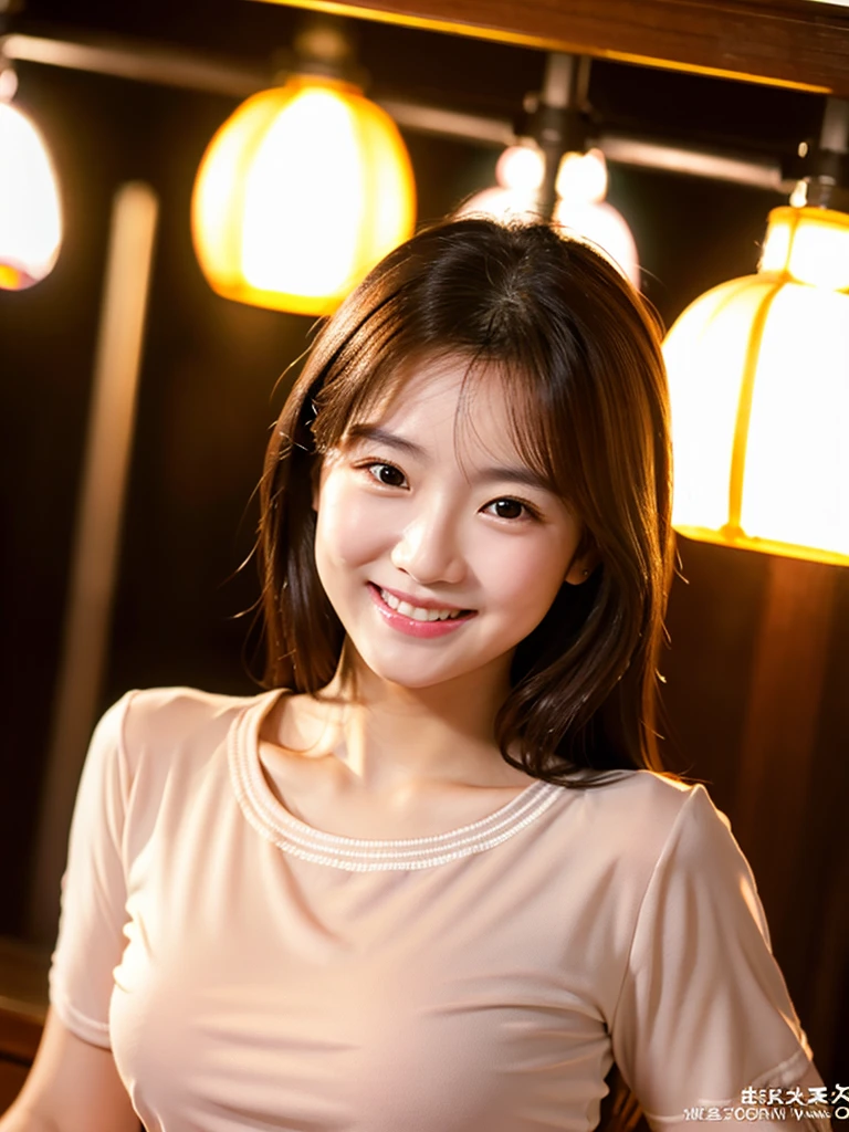 A very cute face like a 15-year-old idol　Smiling Kindly　In a blouse　(whole body)　Medium Bust　Night Bar　Cinema lighting　Natural light　Artistic　RAW Photos　Genuine　High quality that is indistinguishable from real life　Real Stick　High resolution