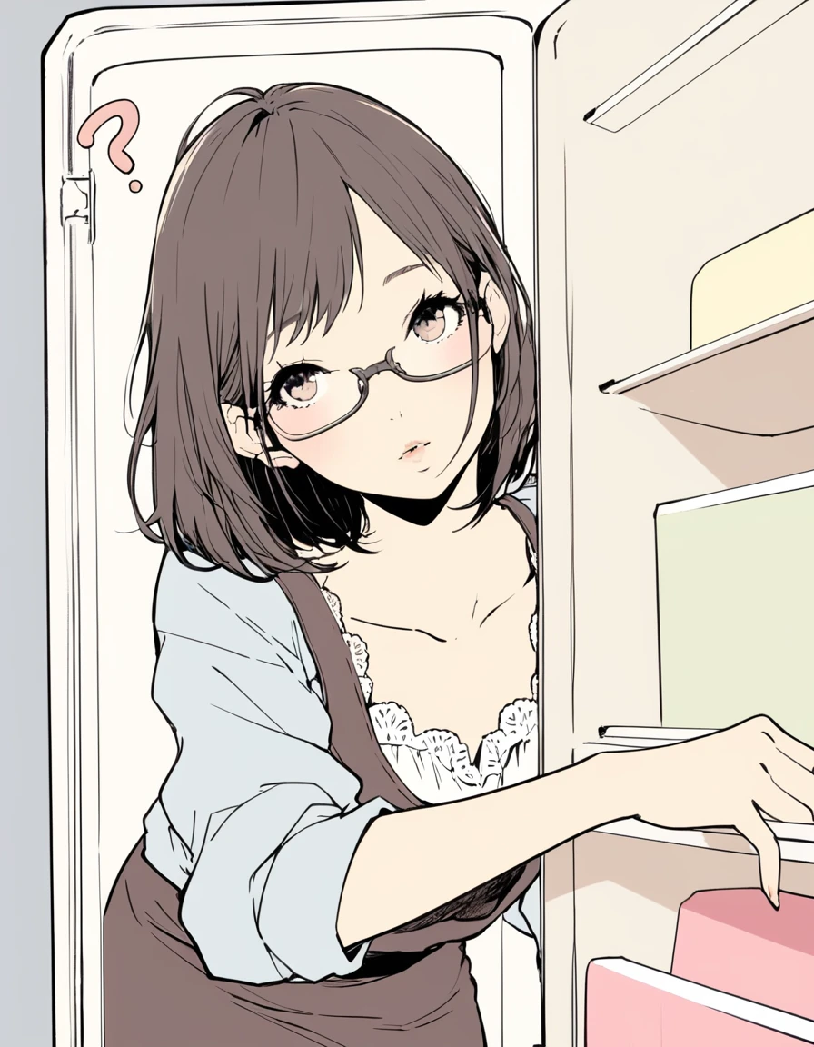 ultra-detailed:1.3, ultra delicate and detailed face:1.3, (absurdres, texture, masterpiece), full body, soft warm color, ennui morning, pixiv contest winner, by Posuka Demizu, dynamic manga-style illustration of slender girl with glasses is opening fridge, looking back, moist eyes, moist lips, head tilt, ?,