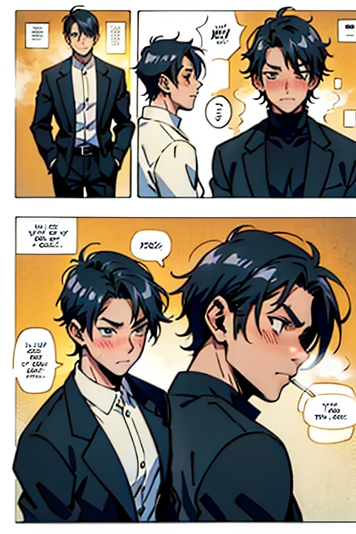  Guy with short black hair smoking and blushing, manga page with panels and dialogue  