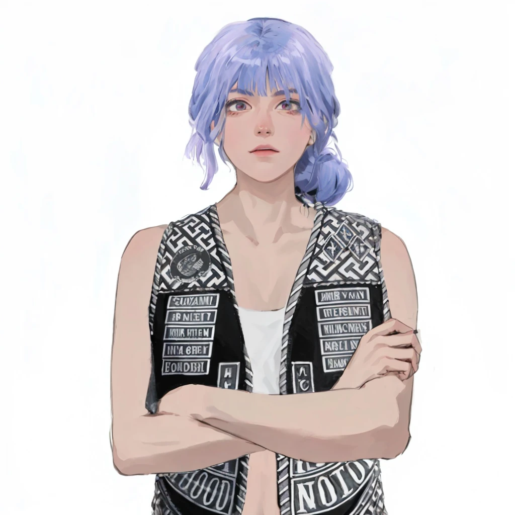 (masterpiece:1.2, best quality), (1girl, solo, upper body:1.2),flat face,Hair: buzz cut, Clothing: oversized, distressed denim jacket with patches and pins, paired with black skinny jeans and combat boots, Hanging out in an underground music venue or street art exhibit