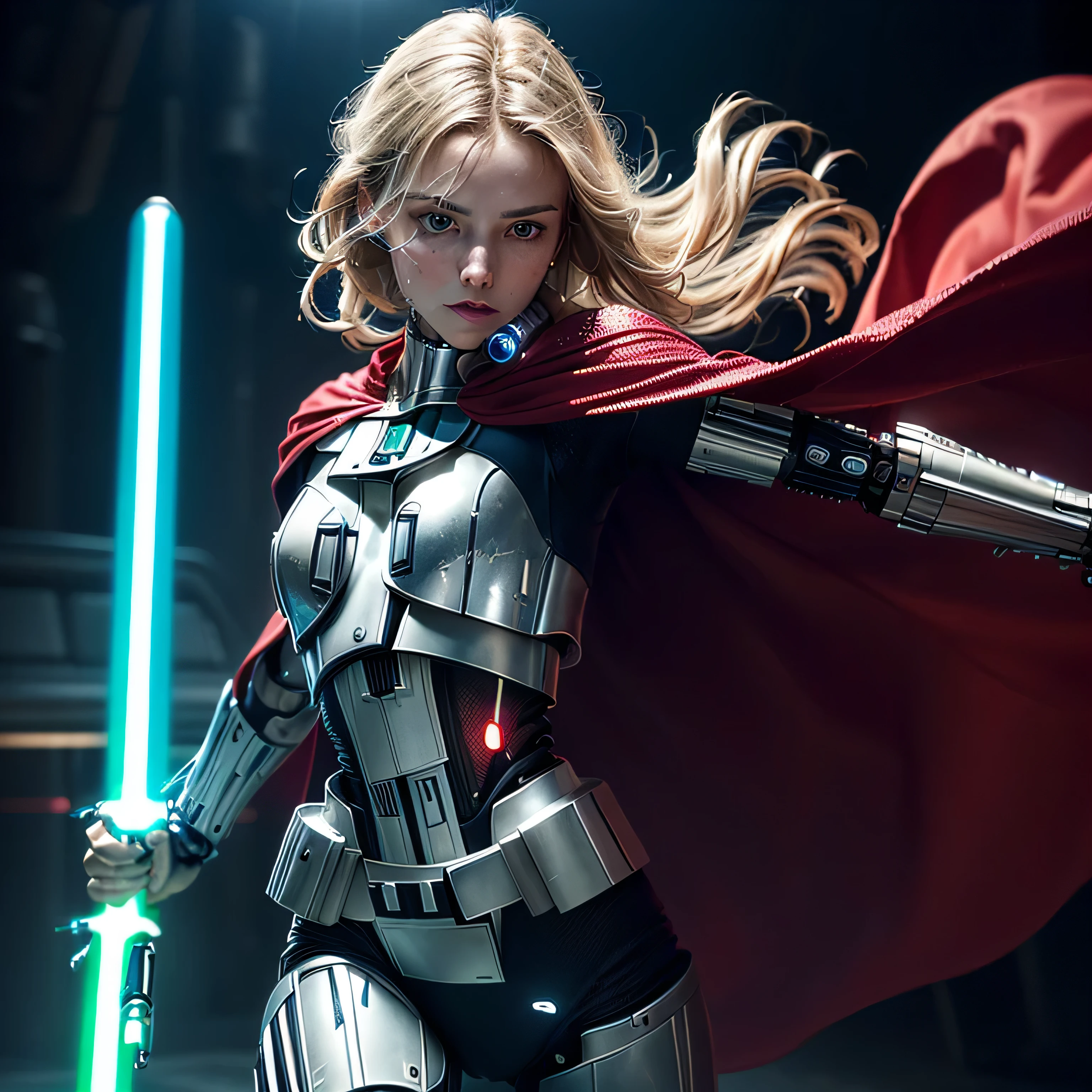 (masterpiece, photorealistic:1.4, extremely intricate:1.3), (photon mapping, radiosity, physically based rendering, ultra resolution, hyper-realistic, hyper-realistic, 8K, (dtx)),  supermodel , ((lacquered white perfectchainmail armor:0.8, ((mechanical limbs, cybernetic arms, futuristic cyborg, ((weapon))), tattered red cape), blue lightsaber, intense, [skin detail:freckles:0.8])), metal reflections, blank background, empty room, dark room, black background, no scenery, professional photograph, (straight blonde hair, wind, windy, running dynamic movement pose, arm raised), sharp focus, dramatic, award winning, (film grain, bokeh, interaction)
