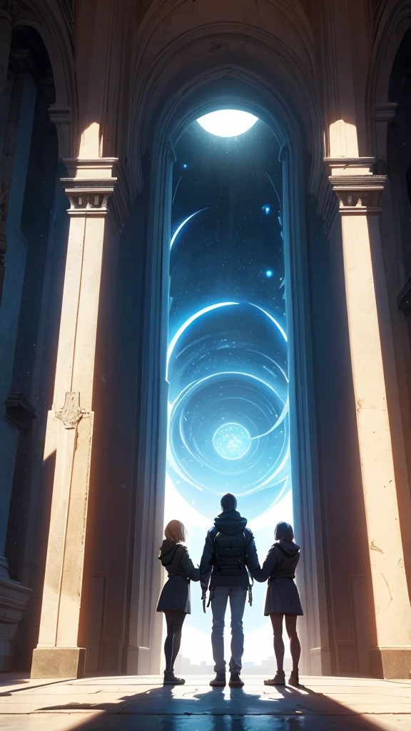 Three friends standing next to a portal to another world
