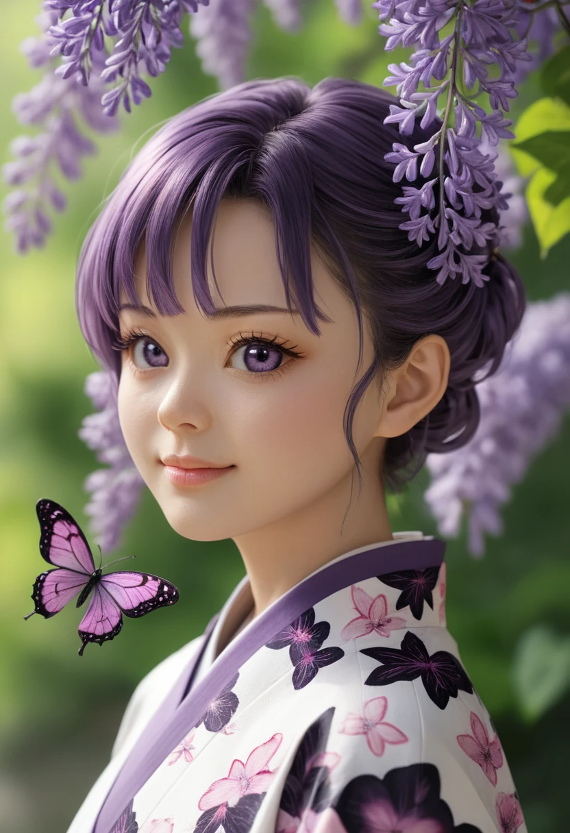 score_9, score_8_up, score_7_up, i want the whole image to be created in 3D anime style, 1girl, solo, looking at viewer, smile, short hair, bangs, black hair, hair ornament, closed mouth, purple eyes, upper body, purple hair, flower, multicolored hair, japanese clothes, kimono, blurry, from side, lips, parted bangs, eyelashes, depth of field, blurry background, bug, animal print, butterfly, butterfly hair ornament, haori, demon slayer uniform, butterfly print, wisteria, kochou shinobu