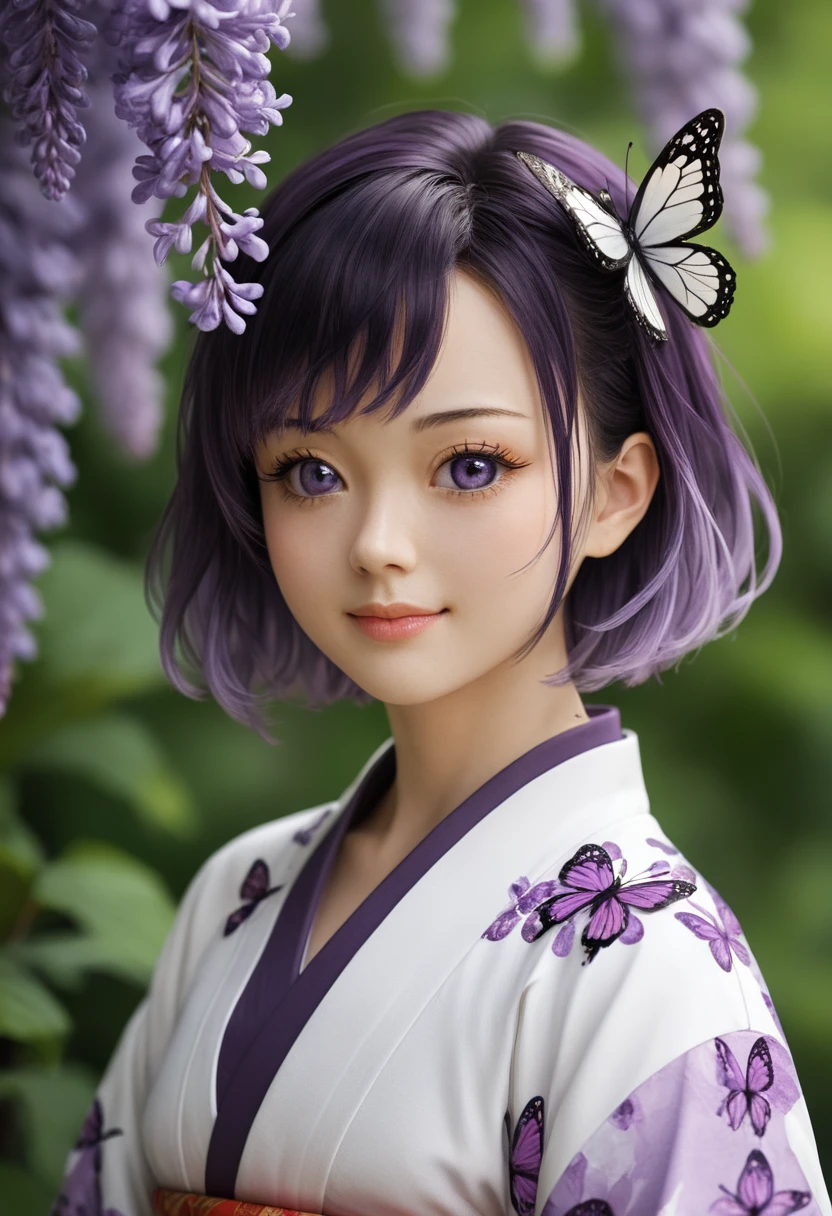 score_9, score_8_up, score_7_up, i want the whole image to be created in 3D anime style, 1girl, solo, looking at viewer, smile, short hair, bangs, black hair, hair ornament, closed mouth, purple eyes, upper body, purple hair, flower, multicolored hair, japanese clothes, kimono, blurry, from side, lips, parted bangs, eyelashes, depth of field, blurry background, bug, animal print, butterfly, butterfly hair ornament, haori, demon slayer uniform, butterfly print, wisteria, kochou shinobu