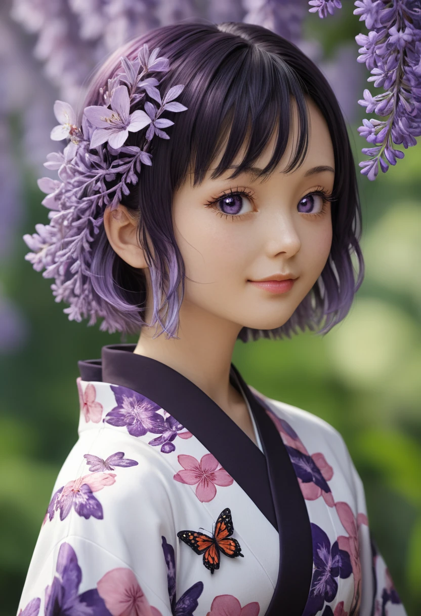 score_9, score_8_up, score_7_up, i want the whole image to be created in 3D anime style, 1girl, solo, looking at viewer, smile, short hair, bangs, black hair, hair ornament, closed mouth, purple eyes, upper body, purple hair, flower, multicolored hair, japanese clothes, kimono, blurry, from side, lips, parted bangs, eyelashes, depth of field, blurry background, bug, animal print, butterfly, butterfly hair ornament, haori, demon slayer uniform, butterfly print, wisteria, kochou shinobu