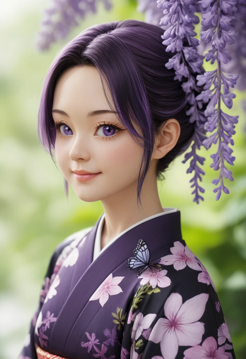 score_9, score_8_up, score_7_up, i want the whole image to be created in 3D anime style, 1girl, solo, looking at viewer, smile, short hair, bangs, black hair, hair ornament, closed mouth, purple eyes, upper body, purple hair, flower, multicolored hair, japanese clothes, kimono, blurry, from side, lips, parted bangs, eyelashes, depth of field, blurry background, bug, animal print, butterfly, butterfly hair ornament, haori, demon slayer uniform, butterfly print, wisteria, kochou shinobu