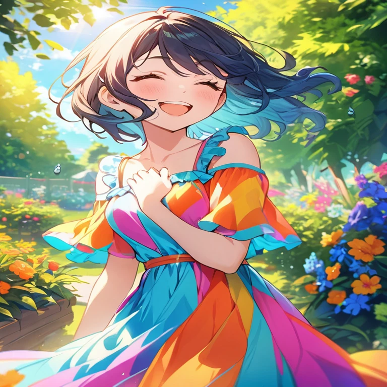(Highest quality,High resolution:1.2), Vibrant colors, garden, sunny day, summer, Bright atmosphere, One girl, Beautiful attention to detail, Long eyelashes, ((Drop your eyes, Happy expression)), Flowing Hair, White Dress, Light blue long hair、Twin tails