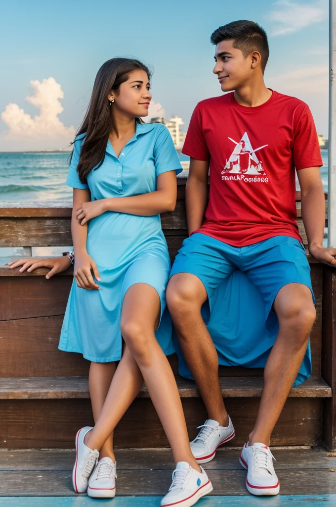 Teenage couple sitting on the boardwalk in Veracruz Mexico, girl in sky blue shirt and boy in red shirt 
