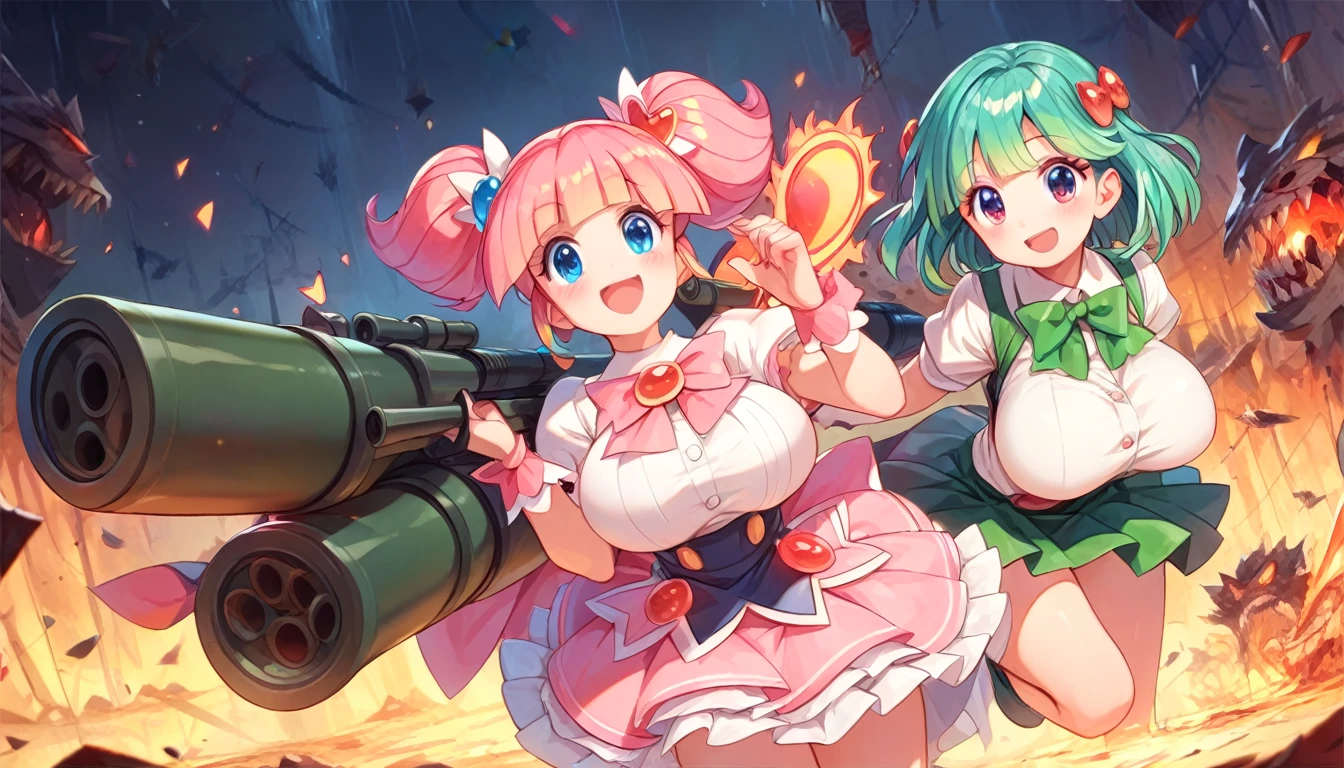 ((multiple girls:1.3)), ((moe style:1.3)), ((magical girls:1.3)), ((rocket launcher:1.3)), ((hell:1.3)), ((large breasts:1.3)), ((centerfold:1.3)), ((extremely feminine:1.3)), perfect hands, ((perfect face)), ((extremely cute:1.3)), ((masterpiece)), ((8k)), ((best quality)), ((beautiful)), ((extremely detailed:1.3)) , ((absurdres)), AddXL, ((score_9:1.3)), ((score_8_up:1.3)), ((score_7_up:1.3)),