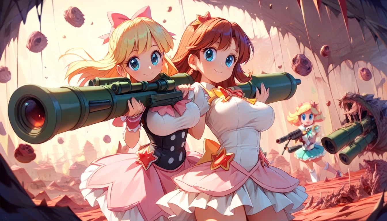 ((multiple girls:1.3)), ((moe style:1.3)), ((magical girls:1.3)), ((rocket launcher:1.3)), ((hell:1.3)),  ((large breasts:1.3)), ((centerfold:1.3)), ((extremely feminine:1.3)), perfect hands, ((perfect face)), ((extremely cute:1.3)), ((masterpiece)), ((8k)), ((best quality)), ((beautiful)), ((extremely detailed:1.3)) , ((absurdres)), AddXL, ((score_9:1.3)), ((score_8_up:1.3)), ((score_7_up:1.3)),
