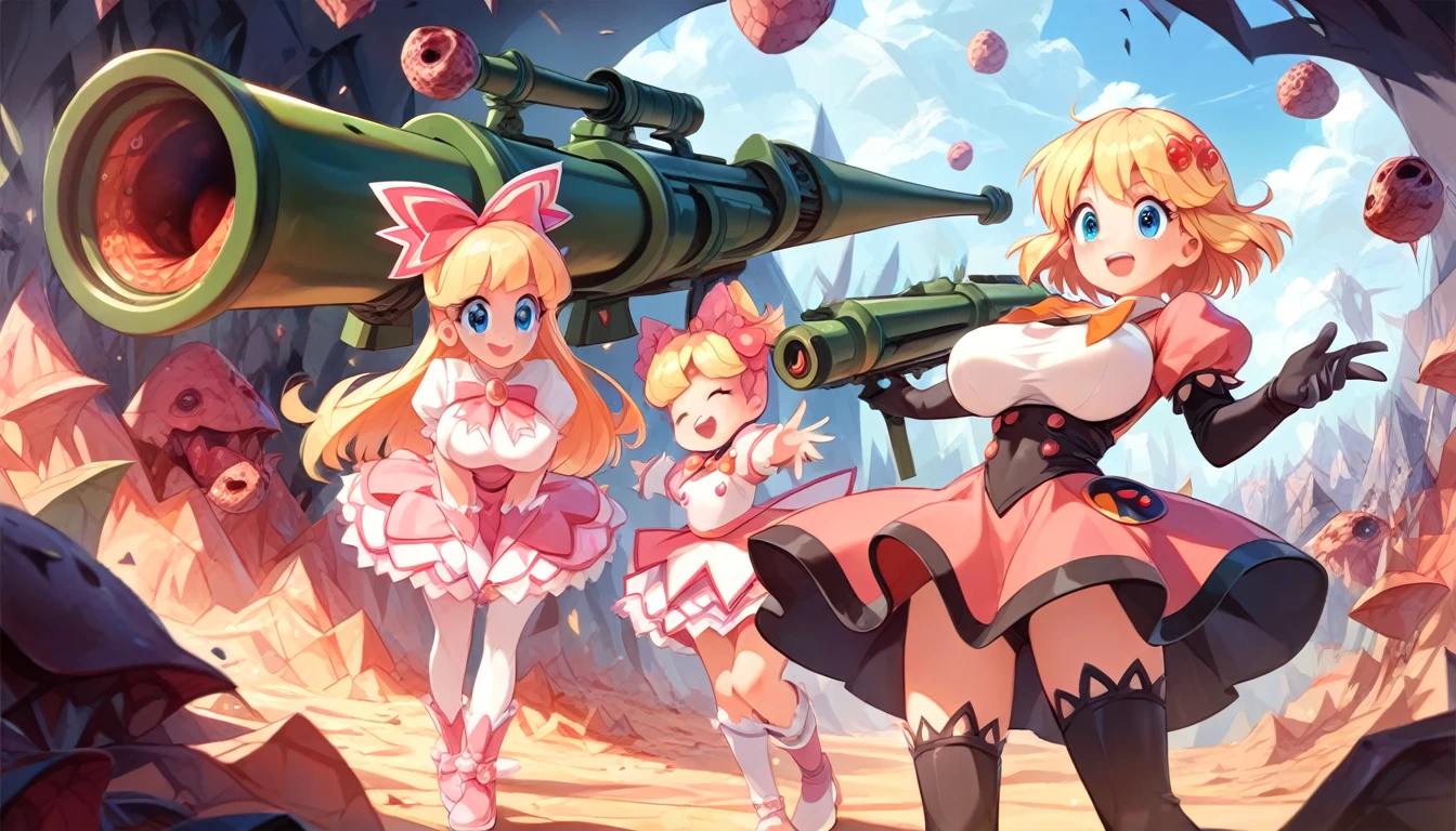 ((multiple girls:1.3)), ((moe style:1.3)), ((magical girls:1.3)), ((rocket launcher:1.3)), ((hell:1.3)), ((large breasts:1.3)), ((centerfold:1.3)), ((extremely feminine:1.3)), perfect hands, ((perfect face)), ((extremely cute:1.3)), ((masterpiece)), ((8k)), ((best quality)), ((beautiful)), ((extremely detailed:1.3)) , ((absurdres)), AddXL, ((score_9:1.3)), ((score_8_up:1.3)), ((score_7_up:1.3)),
