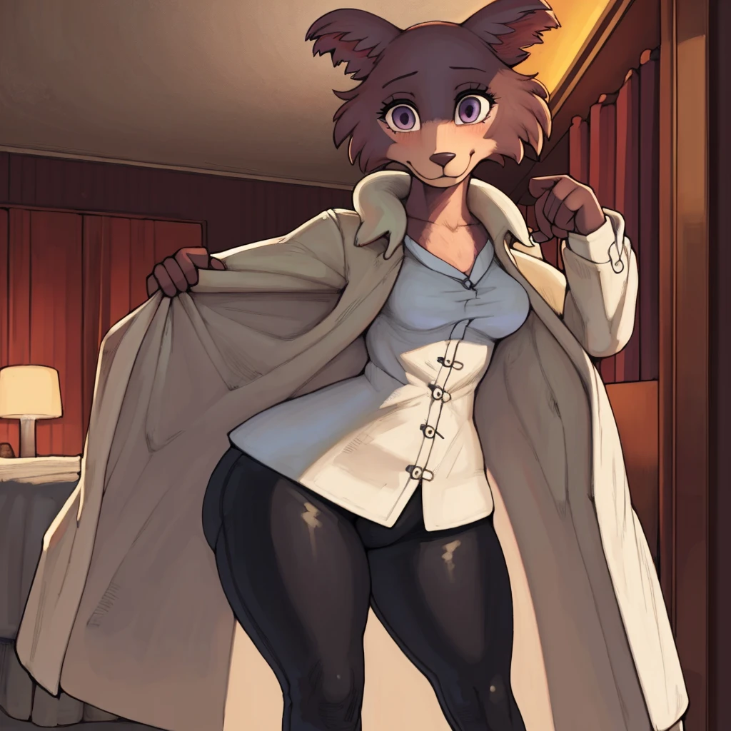 [Uploaded to e621.net; (Pixelsketcher), (wamudraws)], ((masterpiece)), ((HD)), ((High res)), ((Ambient lighting)), furry anthro juno, juno beastars, medium breasts, big thighs, large ass, black button up coat, (((coat buttoned up))), black yoga pants, solo, full body, tail, smiling, countershading, (best quality, masterpiece:1), standing, purple eyes, looking at viewer, hotel room background, high quality