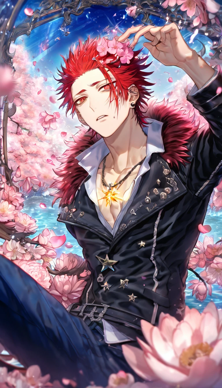 absurdres, highres, ultra detailed, HDR, master piece, Suoh Mikoto, red hair, hair is kept short, ruffled, slicked back and spiked, with two strands of hair near the opposite sides of his head falling over his face, expressive amber eyes, K Project, black leather jacket with fur, white v-neck shirt, star neckle, sexy man, handsome, best quality, blossoms, pink petals, pink flowers, water, fantasy, magical, blue shining fireflies, a piercing, solo, toned chest, smoking, blue pants