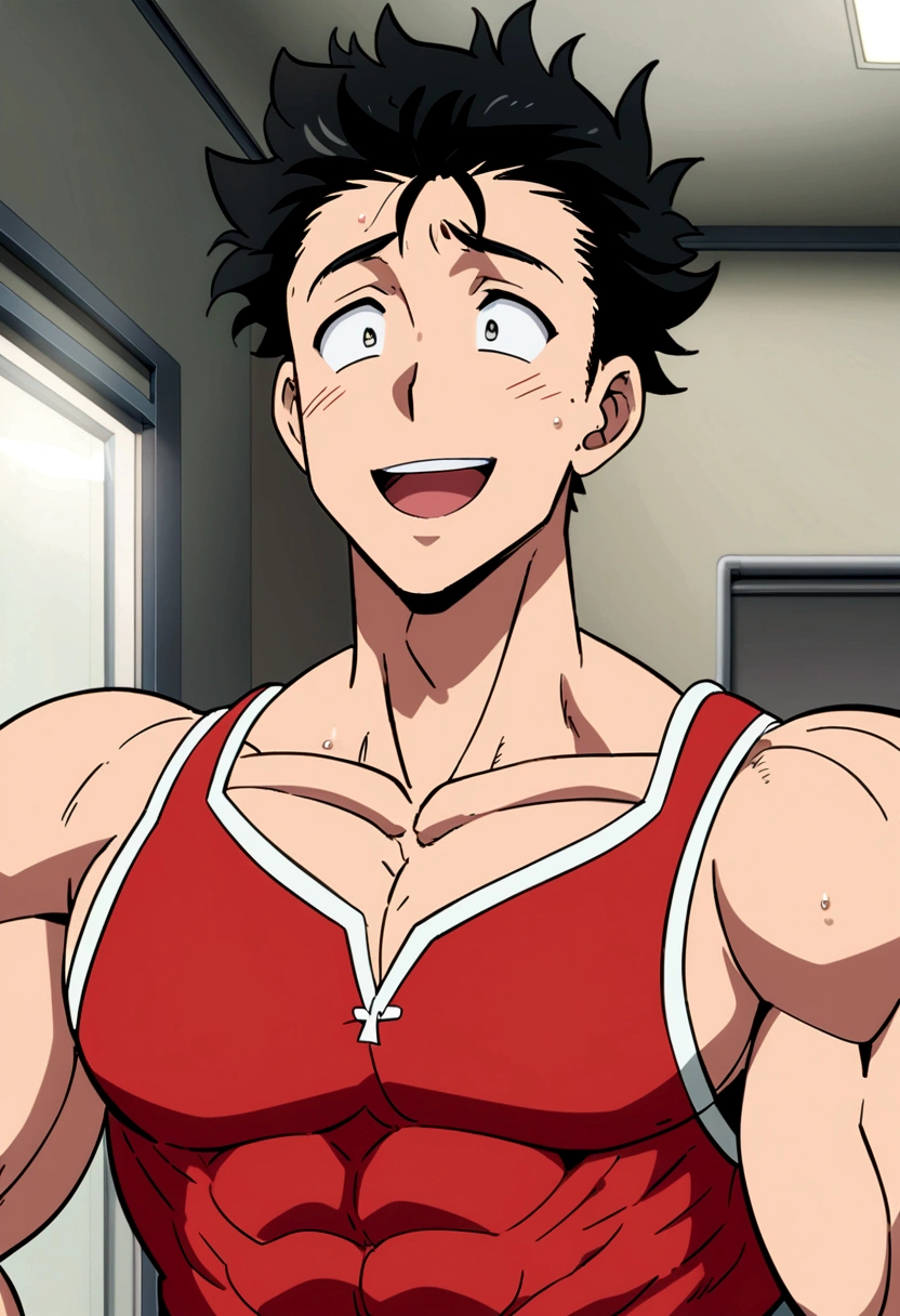 a happy muscular boy with short black hair in a red shirt being pricked by a needle anime style in a hospital