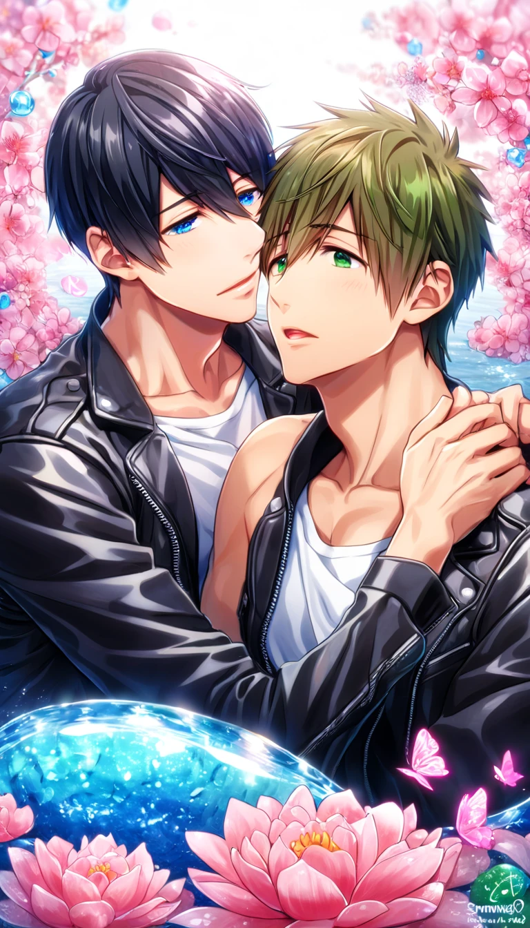 absurdres, highres, ultra detailed, HDR, master piece, best quality, Nanase Haruka, black hair, expressive blue eyes, Free!, Tachibana Makoto, brown hair, expressive green eyes, two sexy men together, gay couple, yaoi, handsome, black leather jacket, white shirt, fantasy, shining, water, pink flowers, pink blossoms, pink butterflies, pink petals