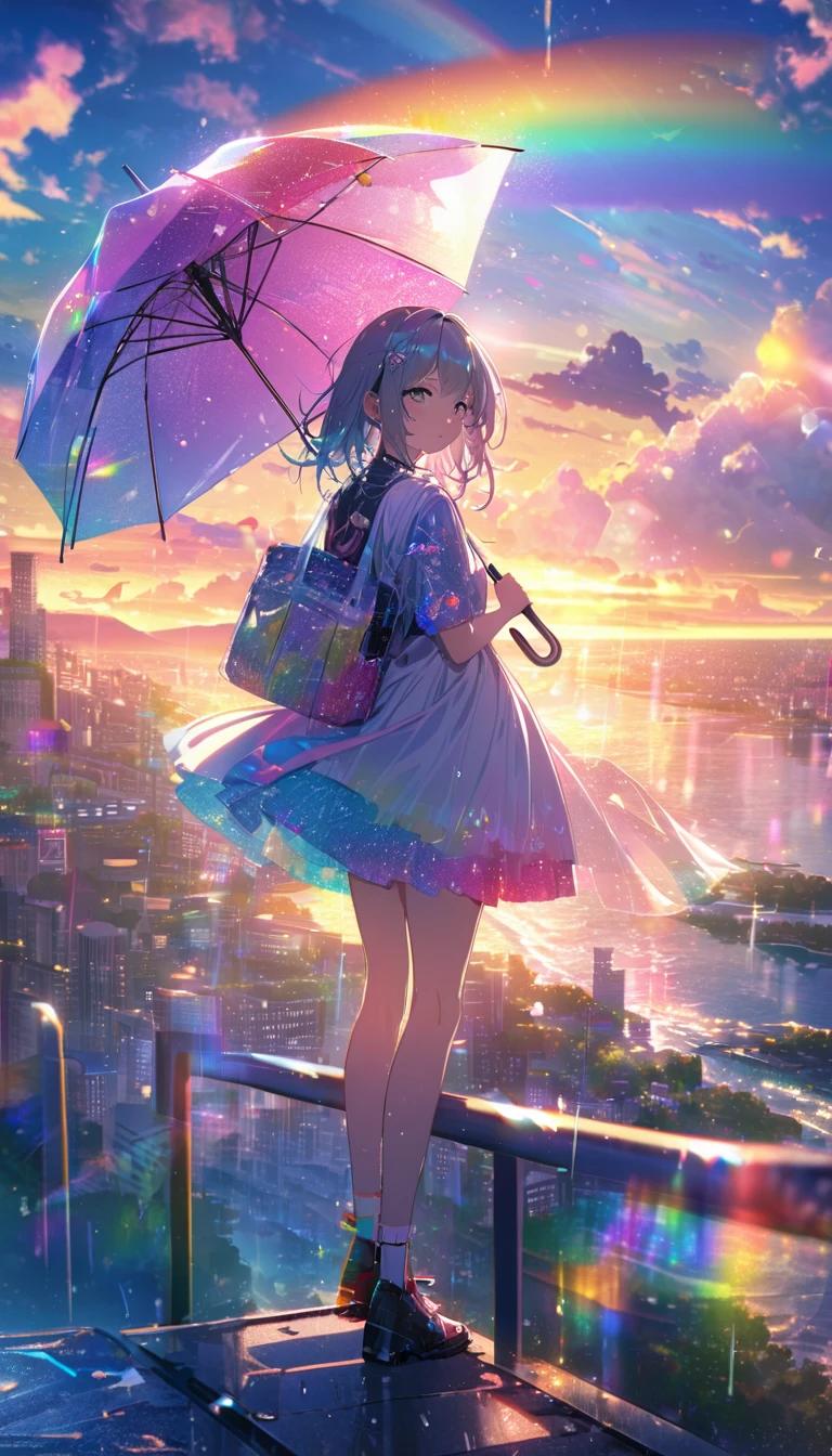 Angelic, detailed woman, sunrise, rainbow, after the rain,umbrella, horizon, In the sky, city , Lens flare, colorful, High resolution, 8K