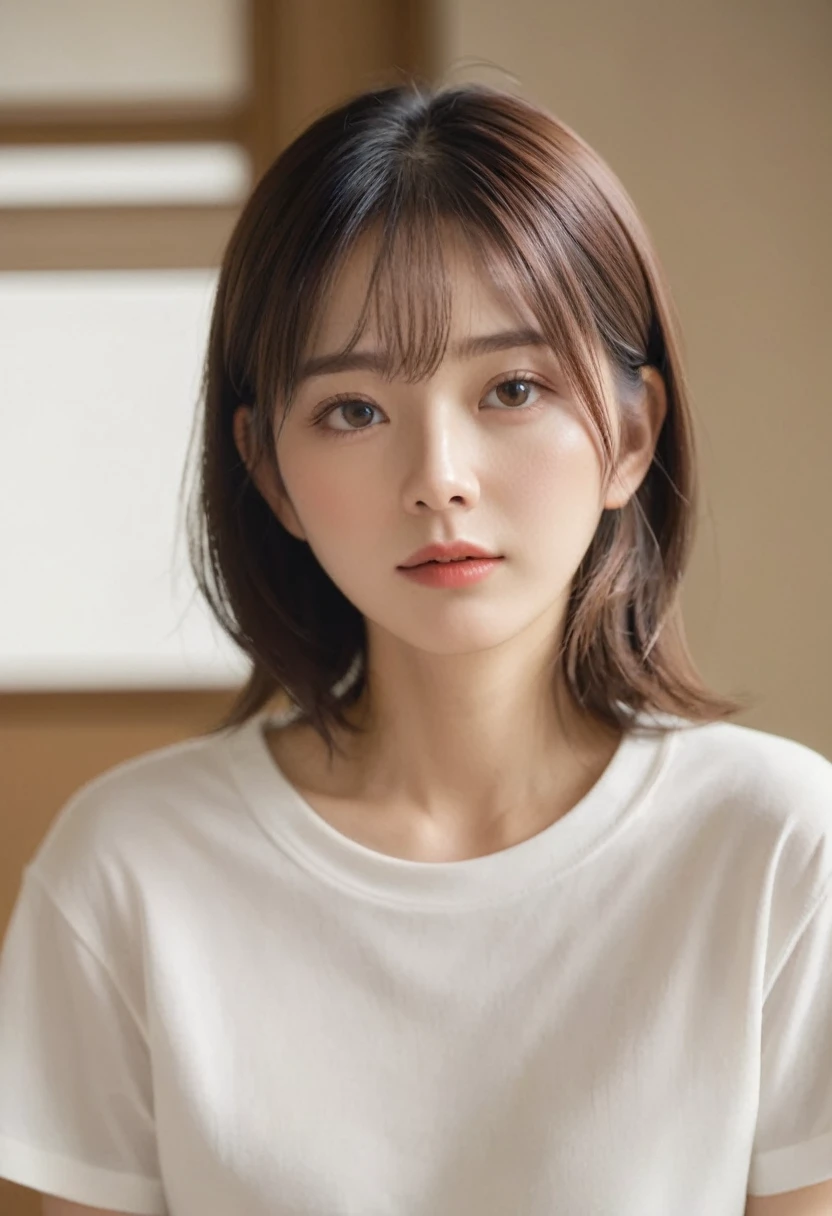 Dressed、(写真Real:1.4)、(Hyperrealistic:1.4)、(Real:1.3)、 (Smoother lighting:1.05)、(Improving cinematic lighting quality:0.9)、32k、 1 Girl、20 year old girl、Realな照明、Backlight、Face light、Ray-tracing、(Brightening Light:1.2)、(Improve quality:1.4)、 (最高品質のRealテクスチャスキン)、Fine grain、Detailed face、 (Tired, sleepy and satisfied:0.0)、Close-up of face、T-Shirts、 (Bodyline mood improvement:1.1)、Glowing Skin